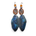Loergann Studio artisan drop earrings with midnight blue leaf pendants, copper rings, and amber and grey bead accents.