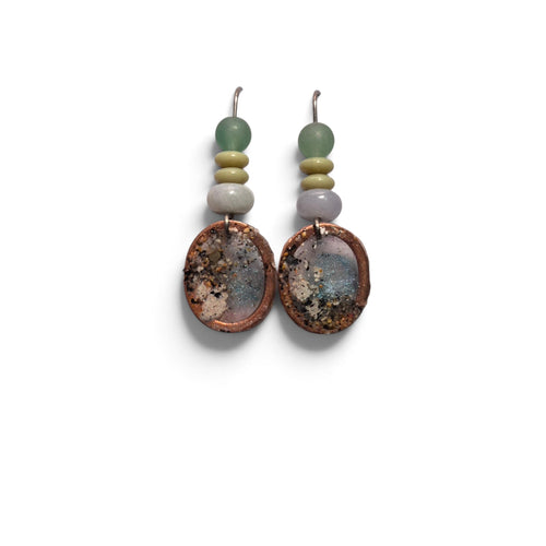 Loergann Studio handcrafted drop earrings with textured copper circular pendants and frosted sage and olive glass beads.