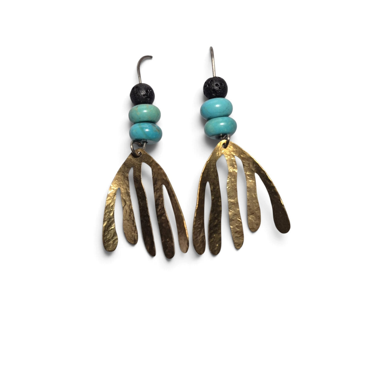 Loergann Studio artisan hammered brass fan drop earrings with turquoise beads and black lava stone accents.