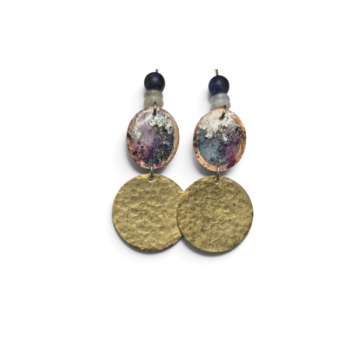 Loergann Studio artisan drop earrings featuring hand-painted celestial discs and hammered brass circles with beads.