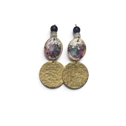Loergann Studio artisan drop earrings featuring hand-painted celestial discs and hammered brass circles with beads.