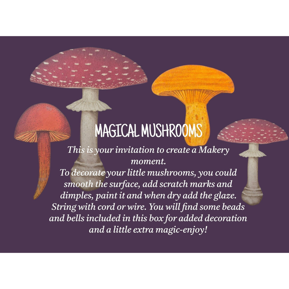 Loergann Studio Magical Mushroom craft kit card featuring colourful illustrated fungi on a deep purple background.