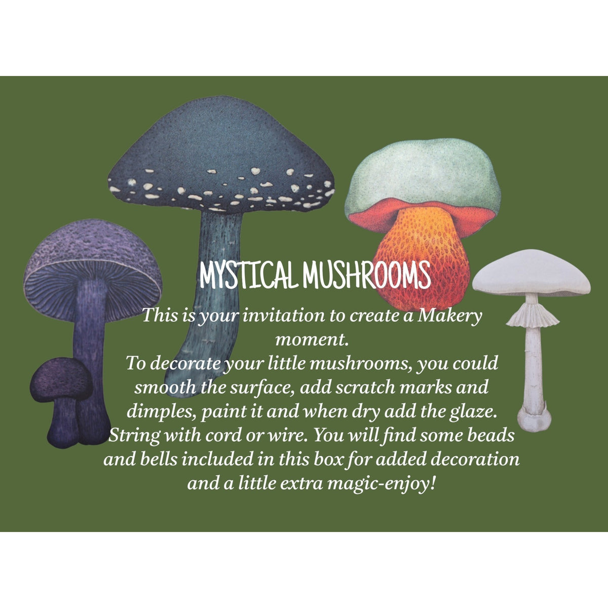 Loergann Studio Mystical Mushroom DIY craft kit featuring colourful illustrated fungi on a green background