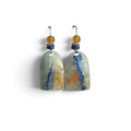 Loergann Studio artisan drop earrings featuring sage green resin pendants with blue and orange flecks and amber beads.