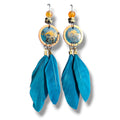 Loergann Studio artisan feather drop earrings with teal resin, copper discs, gold leaf, and natural stone beads.