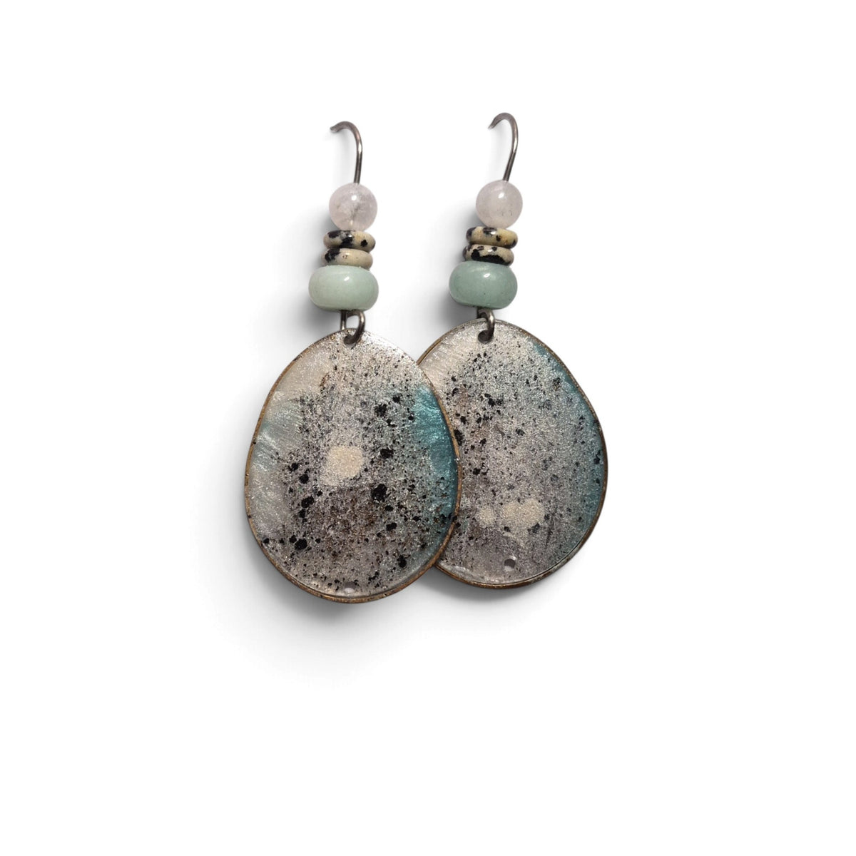 Loergann Studio artisan teardrop earrings featuring speckled slate grey and blue pendants with mint green bead accents.